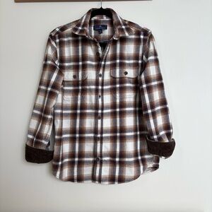 Rainforest Brown Plaid Flannel Overshirt, Thick Cotton Shirt Men’s S, Workwear